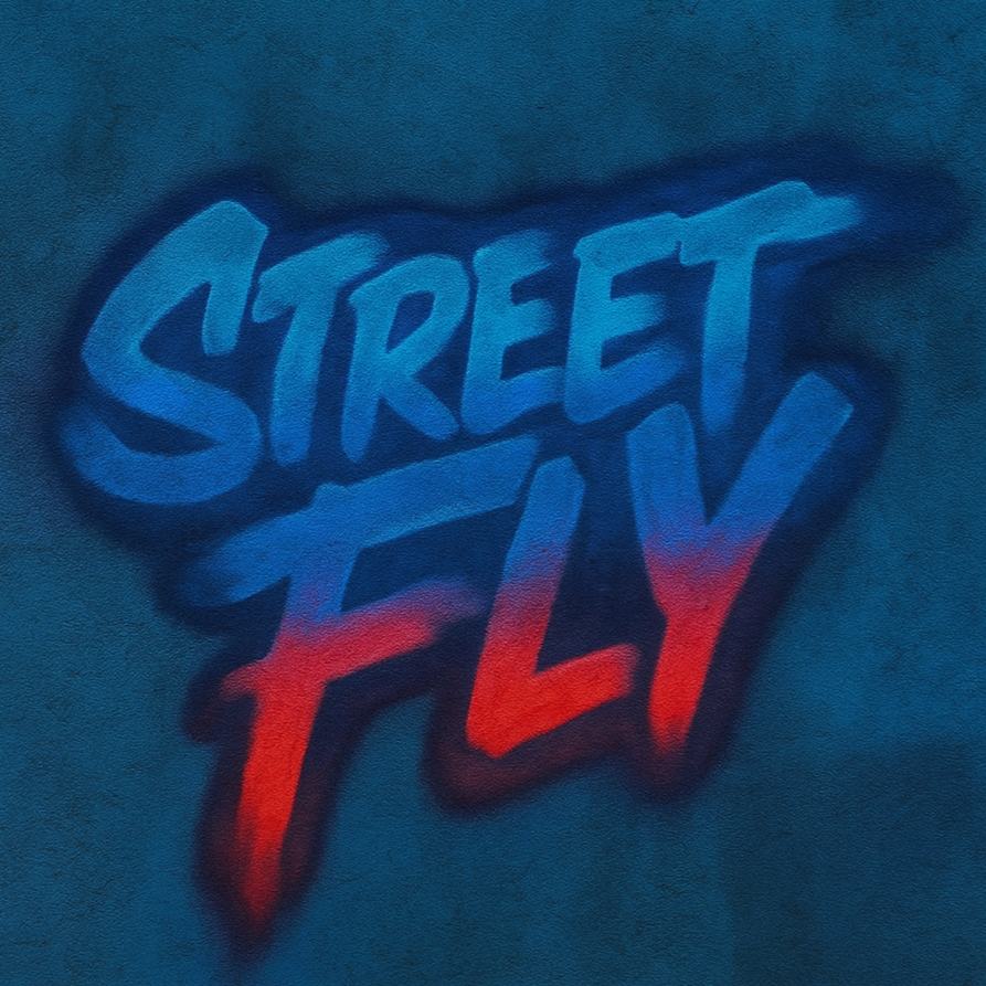 Graffiti-style 'Street Fly' text on a textured blue background