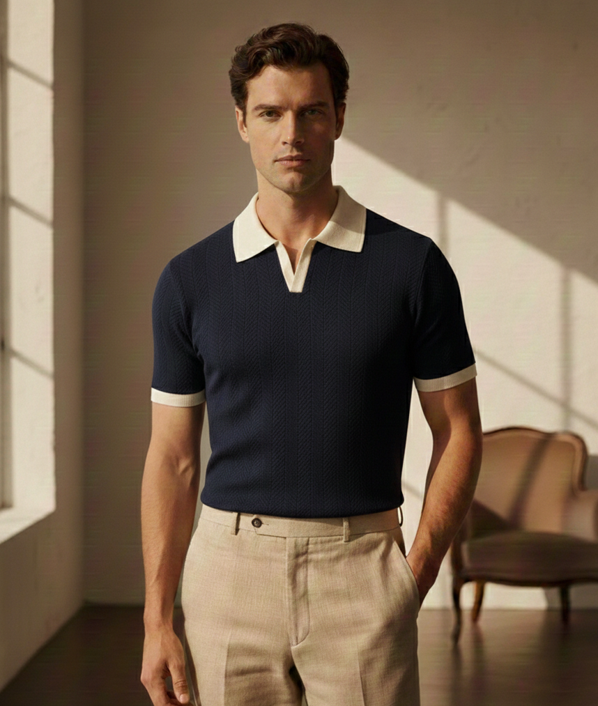 Navy blue Knitted Drop Needle Polo Shirt